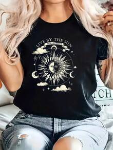 Women's Cotton T-Shirts, Round Neck, Casual Sun Goddess Print, Y2K Style, Comfortable, Loose, Casual, For Work, Going Out, Home Use, Plus Size, Spring-Summer T-Shirt For Women, Simple T-Shirt For Everyday Wear. - 黑色 - 查看 7