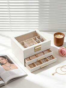 1pc Large Capacity Multi-Layer Jewelry Box With Transparent Skylight, Open Window Style Jewelry Organizer Box, Anti-Oxidation For Rings, Earrings, Necklaces, Cream Color, Ins Style, Jewelry Storage Holder For Dresser, Tabletop, Gift For Girlfriend, Best Friend, Birthday, Travel, Portable Jewelry Organizer, Velvet Lining, Anti-Scratch - Multicolor - View 6