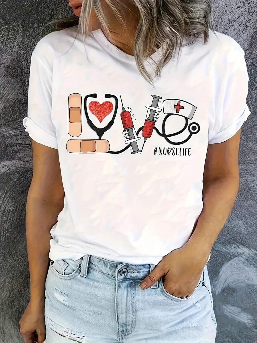 Camiseta de manga corta con estampado de letra de enfermera, top casual de cuello redondo para primavera y verano, ropa de moda para mujer - Blanco - Ver 1