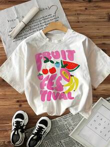 Women's T-Shirt With Fruit Graphic Print, Short Sleeve, Round Neck, Casual, With Vibrant Fruit And Letter Illustrations, Comfortable, Urban Vintage Style, Unisex, Loose Fit, Cotton, Short Sleeve, Round Neck - 白色 - 查看 6