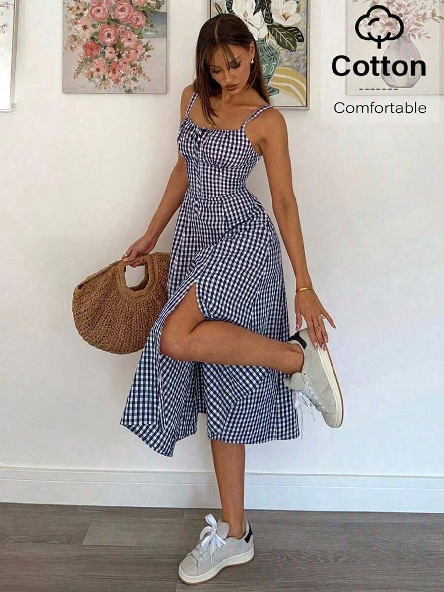 Vestido a media pantorrilla con tirantes a cuadros para mujeres, de moda y apropiado para el verano - Azul marino - Ver 1