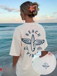 New 2026 Collection: Women's Cotton T-Shirt, American Vintage Style, Beach Relaxation, 100% Cotton, Loose Fit, Short Sleeve, Double Wing Print, Surfboard And Shaka Wave On The Front And Back, Breathable, Summer Beach Vacation Top With Letter Pattern, Adult Women's Short Sleeve T-Shirt, Breathable Fabric, For Back To School Season, Suitable For Outdoor Activities, Gift, Short Sleeve T-Shirt. - 白色 - 查看 1