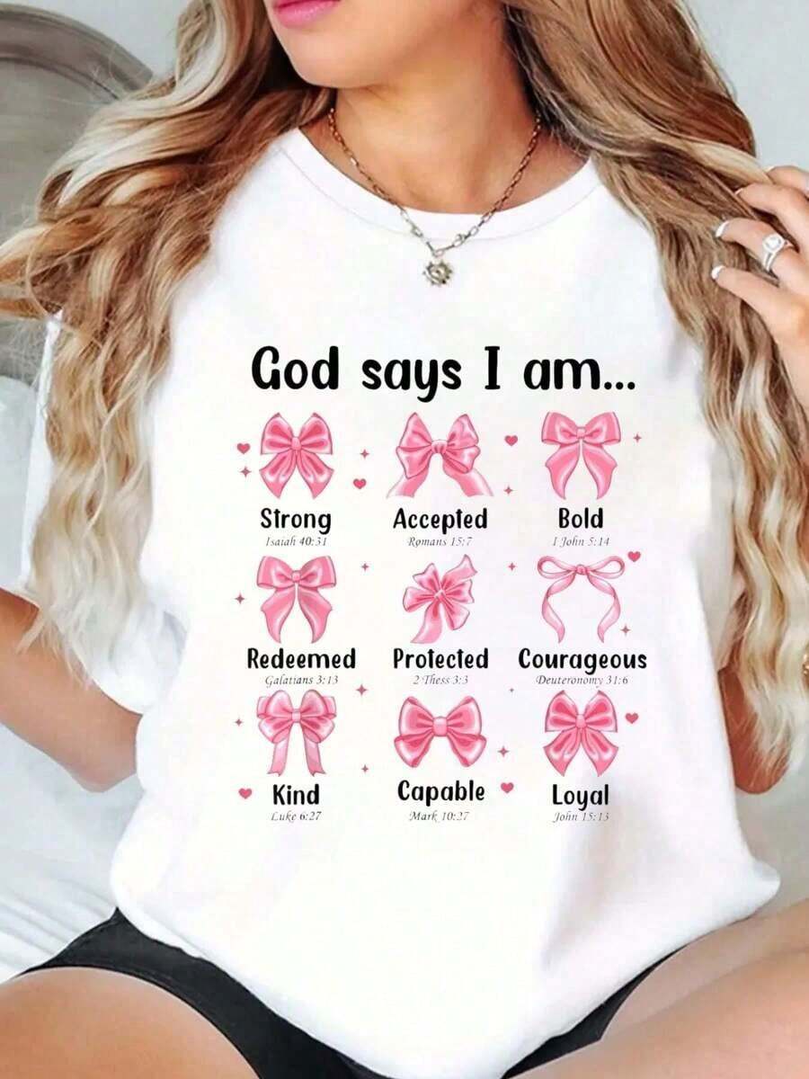 New 2026 Collection Cotton T-Shirt With "God Says It's Me" Print And Ribbon, Christian T-Shirt For Teens And Women, Faith In Jesus T-Shirt, Round Neck, Short Sleeve, For Women, Casual, Summer, Graphic T-Shirts For Women, Tops For Women - 白色 - 查看 1