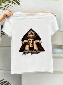 100% Cotton. Women's T-Shirt With Eye Triangle Print, Autumn, Premium Cotton, Graphic Design, Casual, Breathable, New Arrival. Women's Simple Solid Color T-Shirt, Loose And Slim Fit Casual Short Sleeve - 白色的 - 查看 3