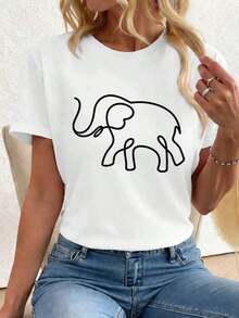 100% Cotton. Women's T-Shirt With A Linear Elephant Print, 100% Cotton, Loose Fit, Comfortable, Casual, Eye-Catching Print. Women's Simple Solid Color T-Shirt, Loose And Slim Fit Casual Short Sleeve - 白色的 - 查看 6