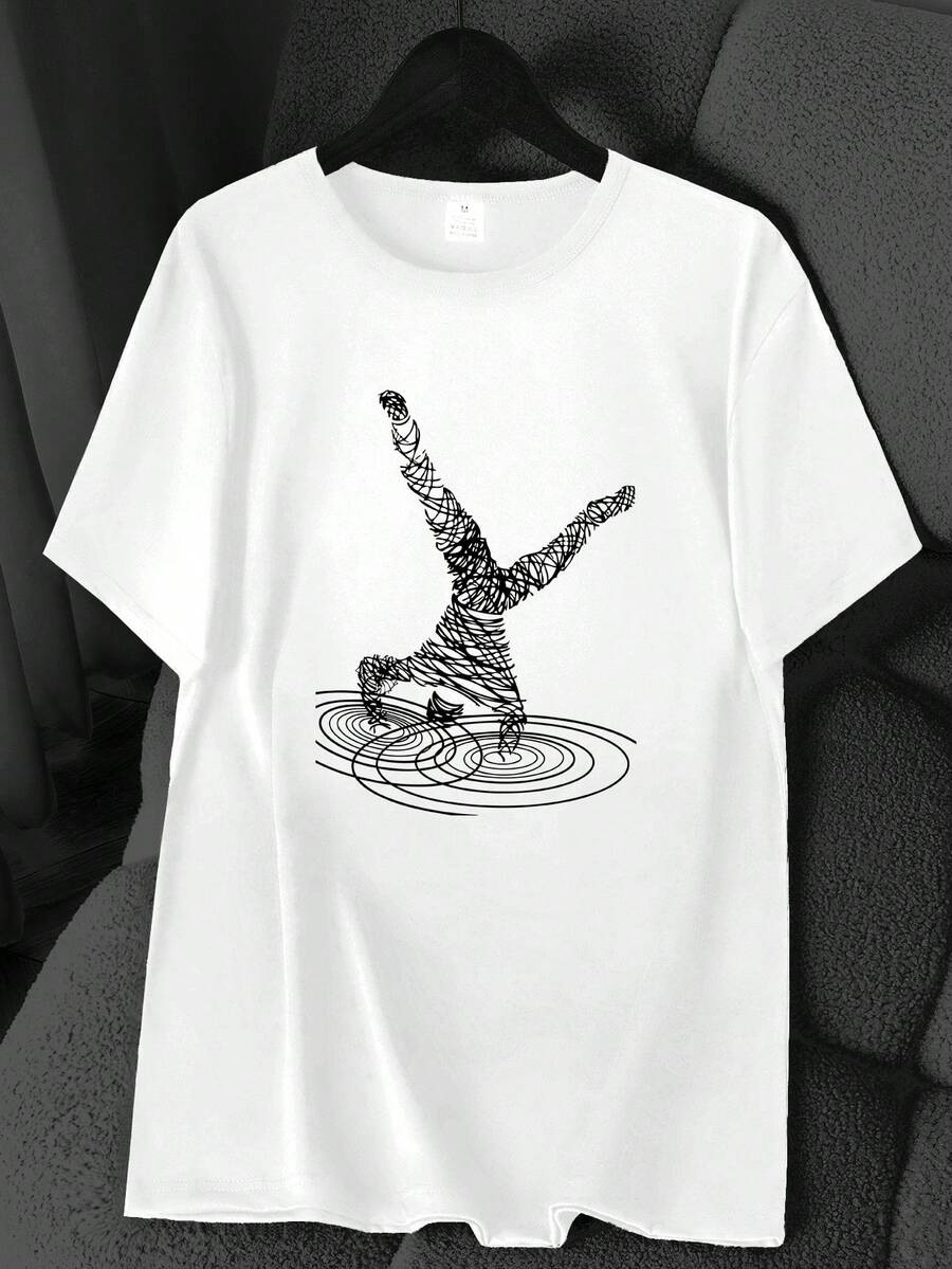 Street Dance Line Art Print T-Shirt. Available In 6 Colors, Short Sleeves, Crew Neck, High-Stretch Casual Sports Top. Machine Washable. Basic T-Shirt For Spring And Summer. Suitable For All Seasons. Women's Clothing. Elegant Party Outfit, T-Shirt For Stylish Ladies, Blouses Suitable For Curvy Women, Casual Wear, Cool And Breathable Summer Wear, Fun Letter Print. - 白色 - 查看 1