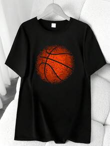 Basketball Print T-Shirt. Available In 6 Colors, Short Sleeves, Crew Neck, High-Stretch Casual Sports Top. Machine Washable. Suitable For Spring And Summer. Can Be Worn In All Seasons. Women's Clothing. Elegant Party Outfit, T-Shirt For Elegant Ladies, Blouses Suitable For Curvy Women, Casual Wear, Cool And Sweat-Free Summer Wear, Fun Letter Print. - 黑色 - 查看 6