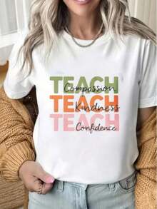 Soft 100% Cotton Women's T-Shirt, Casual, With Graphic Print That Teaches Compassion, Kindness And Confidence, Short Sleeve, Round Neck, Regular Fit For Everyday Wear, With Medium Stretch Knit Fabric, Breathable, Cotton, Matches Everything, Cool. - 白色 - 查看 6