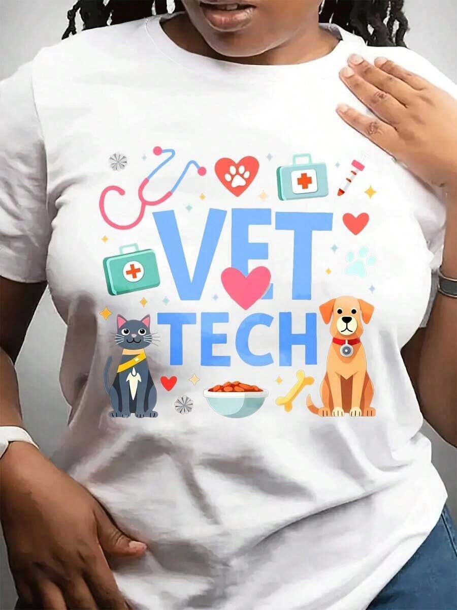 Soft, 100% Cotton Women's T-Shirt With A Crew Neck, Modern And Casual Short Sleeves, Ideal For Everyday Wear Or Exercise. It Makes A Great Gift For Friends Or Family, Featuring A Special Veterinary-Themed Print, Perfect For Pet Lovers. This Breathable Cotton T-Shirt Goes With Everything And Looks Great. - 白色 - 查看 1