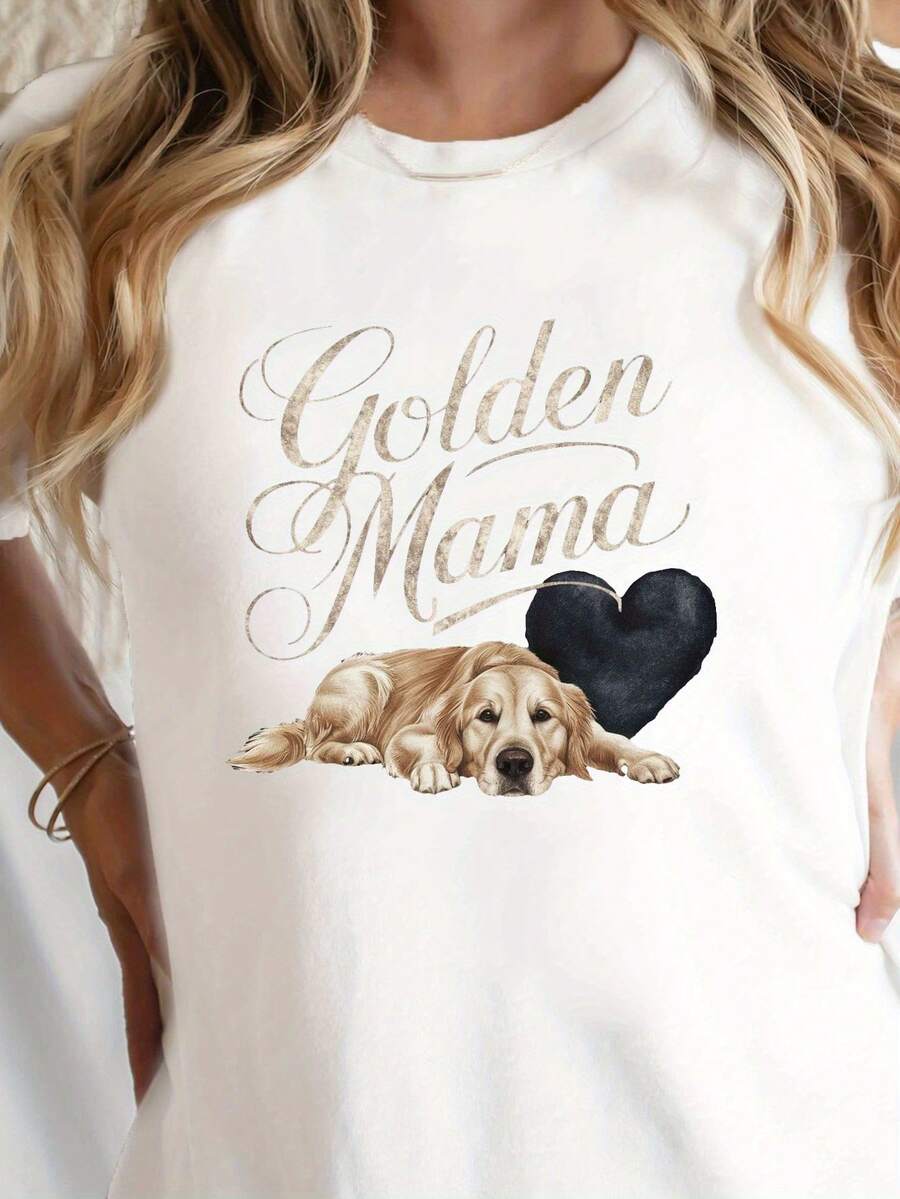 Camiseta de Verano Premium Estampada para Mujer, Camiseta de Mamá de Golden Retriever, Estampado de Golden Retriever, Camiseta Casual de Manga Corta con Cuello Redondo para Primavera y Verano, Ropa de Mujer - Blanco - Ver 1