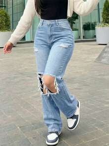 Jeans rectos de mujer con botones y bolsillos, versátiles para uso diario - Lavado ligero 3 - Ver 5