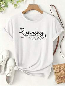 Women's Short-Sleeve T-Shirt With "Running Is My Therapy" Print, Simple And Versatile Design, Spring/Summer, Sporty, Short Sleeve, Fitness, Casual, Loose Fit, Slimming Effect, With Fun Slogan, Modern And Versatile Design, Women's Clothing, Special Offer, Cotton T-Shirt, Pretty Blouses, 100% Cotton - 白色的 - 查看 1