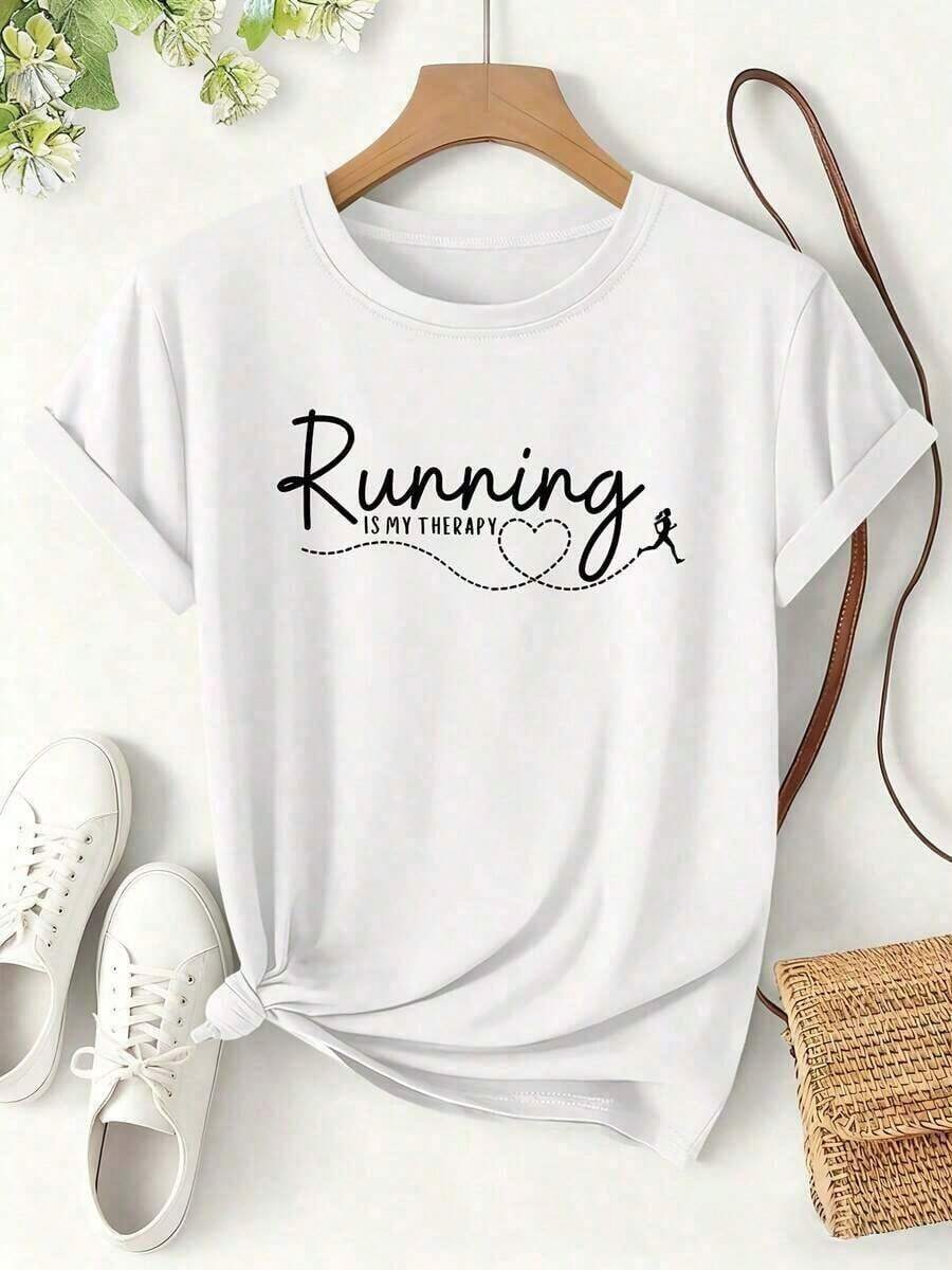 Women's Short-Sleeve T-Shirt With "Running Is My Therapy" Print, Simple And Versatile Design, Spring/Summer, Sporty, Short Sleeve, Fitness, Casual, Loose Fit, Slimming Effect, With Fun Slogan, Modern And Versatile Design, Women's Clothing, Special Offer, Cotton T-Shirt, Pretty Blouses, 100% Cotton - 白色的 - 查看 1