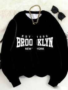 MSUCC|Women's Basic T-Shirt With Round Neck, Print, American Style, Modern And Youthful Design, Suitable For All Seasons And Everyday Wear, With Soft Fabric|Brooklyn New York Print Sweatshirt - Black - View 1