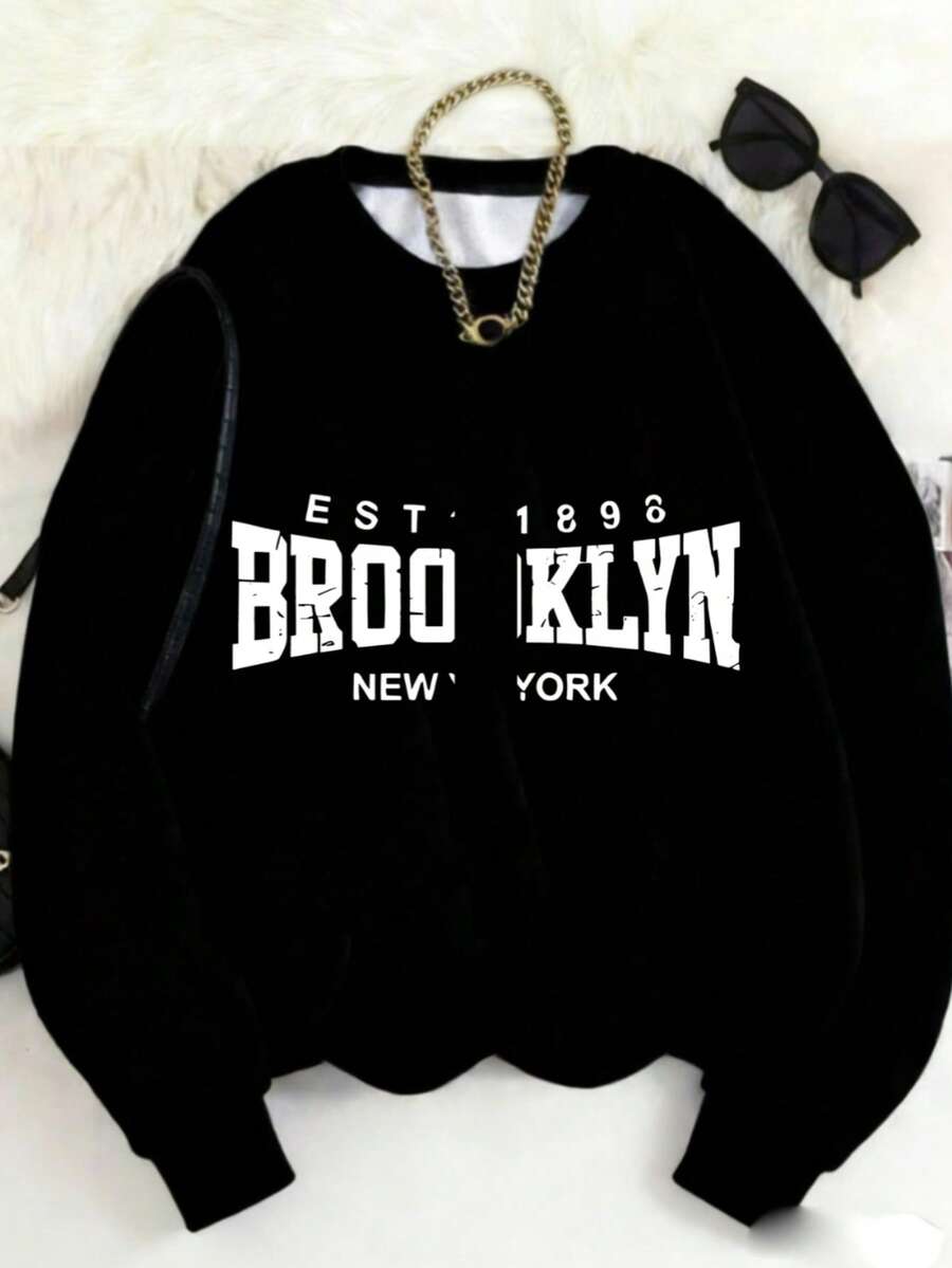 MSUCC|Women's Basic T-Shirt With Round Neck, Print, American Style, Modern And Youthful Design, Suitable For All Seasons And Everyday Wear, With Soft Fabric|Brooklyn New York Print Sweatshirt - Black - View 1