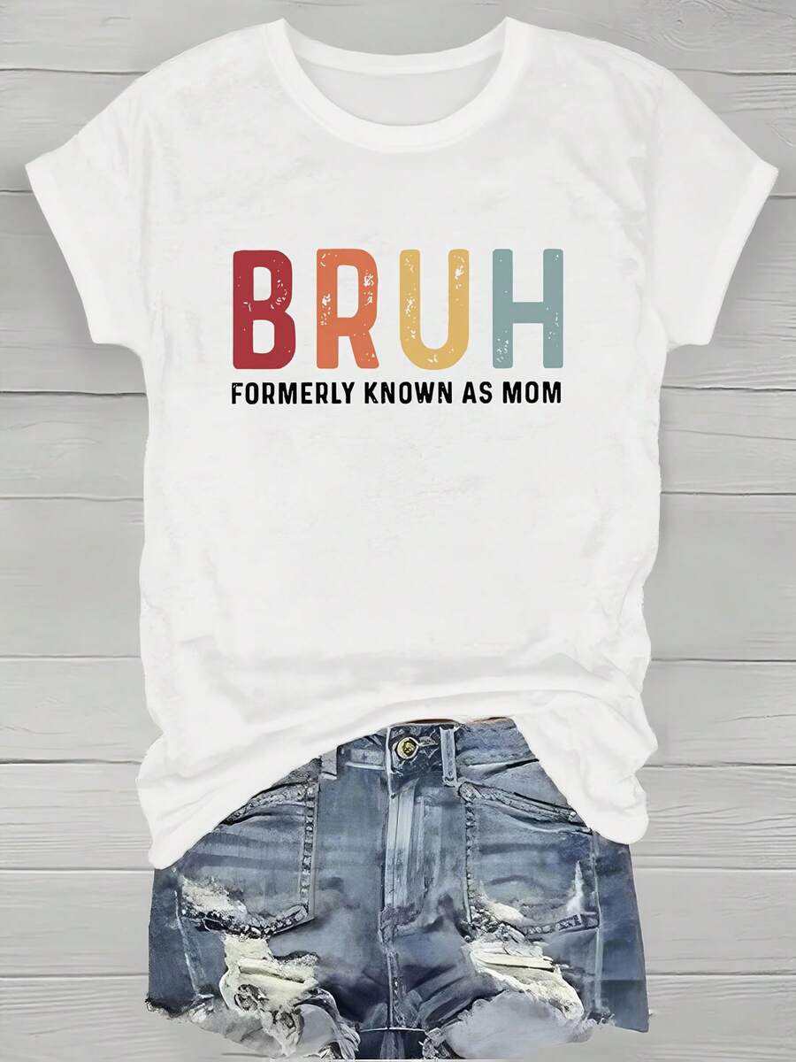 Women's Casual Sports T-Shirt With BRUH Graphic And ALWAYS KNOWN AS MOM - Elastic Crew Neck T-Shirt, Machine Washable, Comfortable And Suitable For All Seasons, For A Fun And Casual Look. - 白色 - 查看 1