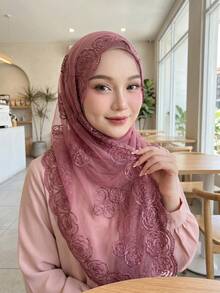 1pc Women's Rose Embroidered Scarf, Lightweight Breathable Lace Headscarf - Multicolor Rose Embroidery - View 2