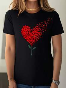 Women's Printed T-Shirt With Red Heart And Flower Design - Casual Short Sleeve Crew Neck T-Shirt, Relaxed Fit For All Seasons, Perfect For Everyday Wear And Holiday Outfits, Machine Washable, With Shoulder-Length Blonde Hairstyle. - 黑色 - 查看 1