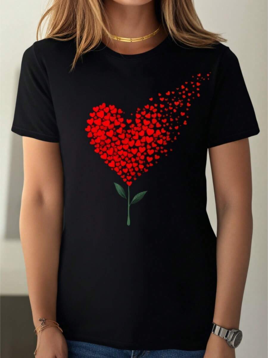 Women's Printed T-Shirt With Red Heart And Flower Design - Casual Short Sleeve Crew Neck T-Shirt, Relaxed Fit For All Seasons, Perfect For Everyday Wear And Holiday Outfits, Machine Washable, With Shoulder-Length Blonde Hairstyle. - 黑色 - 查看 1