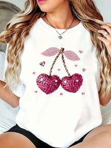 Women's White T-Shirt With Pink Heart-Shaped Cherry Print And Glitter Effect, Casual Short Sleeve Round Neck T-Shirt, Sweet Loose Blouse For Summer, Daily And Casual Outfit - 白色 - 查看 1