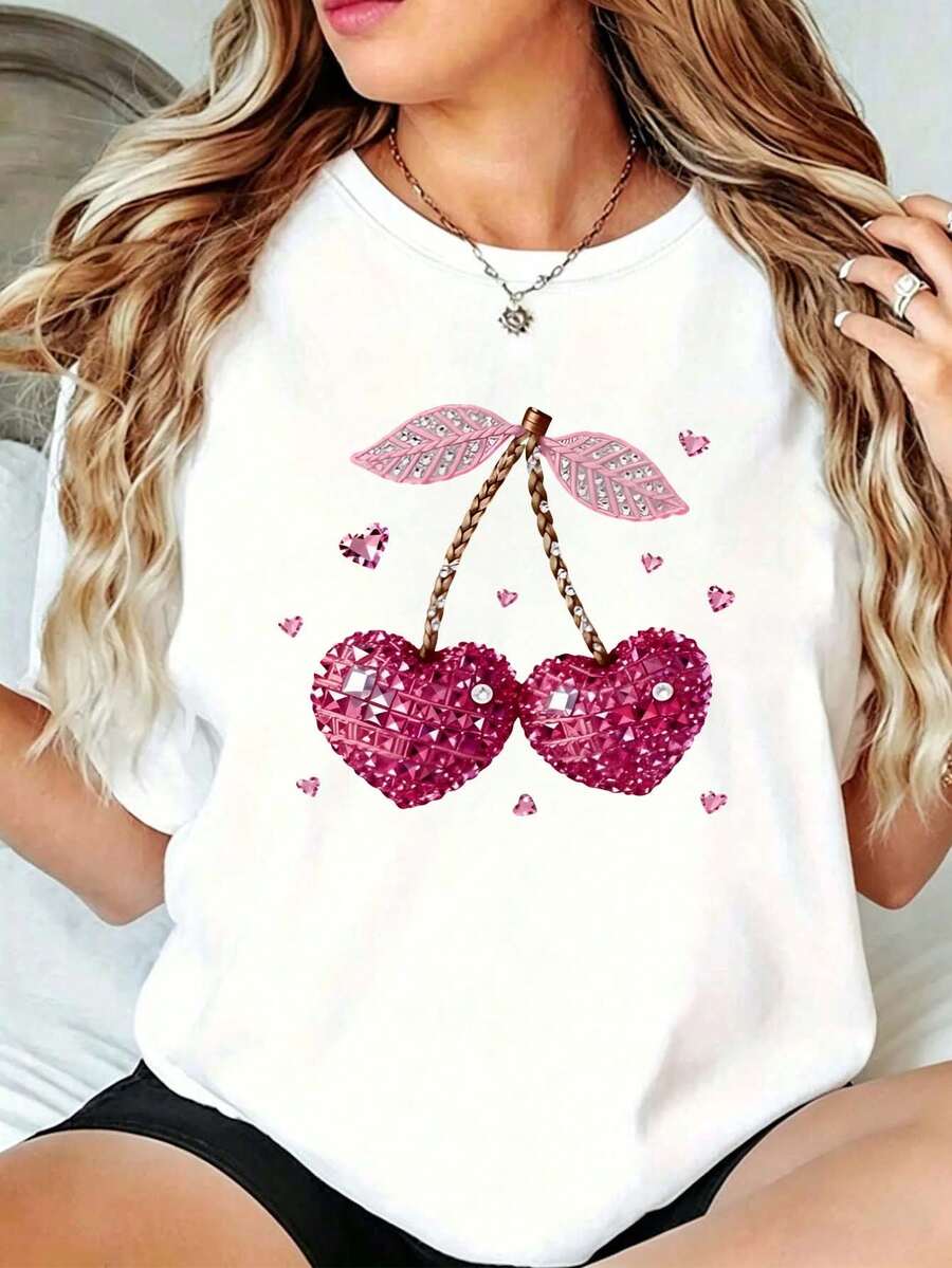 Women's White T-Shirt With Pink Heart-Shaped Cherry Print And Glitter Effect, Casual Short Sleeve Round Neck T-Shirt, Sweet Loose Blouse For Summer, Daily And Casual Outfit - 白色 - 查看 1