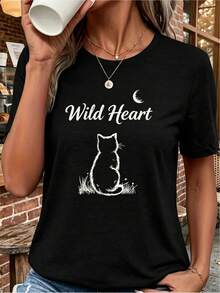 Women's Casual Sports T-Shirt In Black With Wild Heart Graphic And Cat Silhouette - Elastic Round Neck T-Shirt, Machine Washable, Comfortable Fit For All Seasons, Perfect For Daily Wear And Casual Activities. - 黑色 - 查看 6