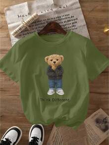 Women's Casual T-Shirt With Cartoon Bear Print - "THINK Different" Print, Soft And Stretchy, Round Neck And Short Sleeves, Ideal For The Gym And Outdoor Activities - Available In Multiple Colors And Sizes, Cute And  Printed T-Shirt, Stretchy Fabric, Fashionable Printed Top 180g 100% Cotton. - 黑色 - 查看 11