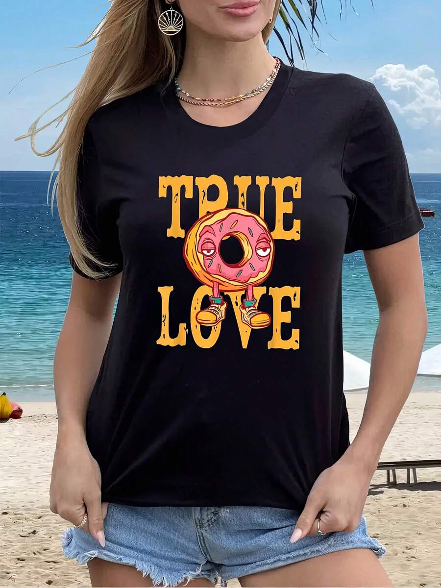 Women's T-Shirt - "True Love" Print T-Shirt - Casual Short Sleeve Crew Neck Top, Donut Design, Black Spring/Summer T-Shirt, Machine Washable, Casual Spring Top. | Fun Graphics | Durable Print, Women's T-Shirts, Women's Tops - 黑色 - 查看 1