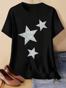 Women's Casual T-Shirt With Sparkling Star Print, Short Sleeve For Everyday Wear, Loose And Comfortable Fit, Fashionable T-Shirts, Urban Fashion Outfit For Spring/Summer. - 黑色 - 查看 6