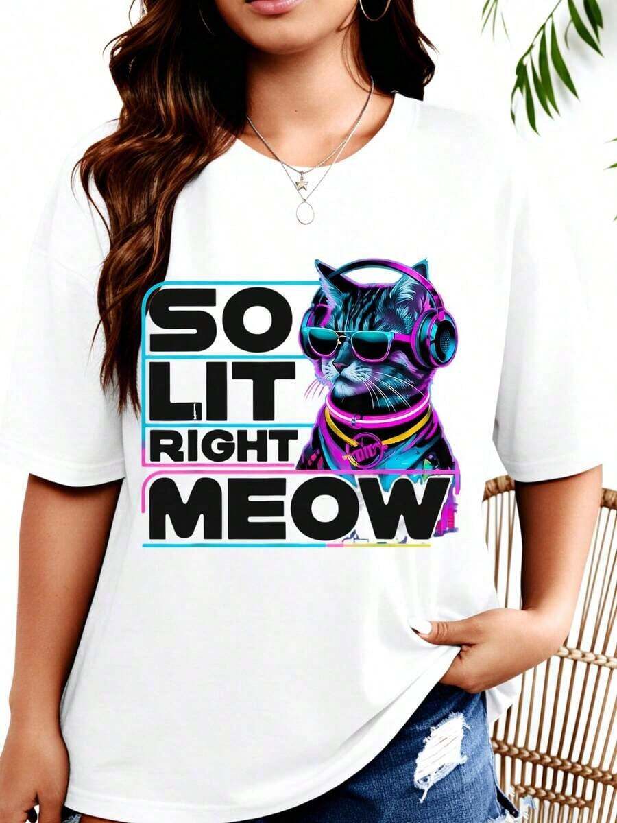 Women's T-Shirt With "So Lit Right Meow" Cat Graphic Print With Headphones And Sunglasses, Casual Summer T-Shirt For Women, Funny Feline Design - 白色 - 查看 1