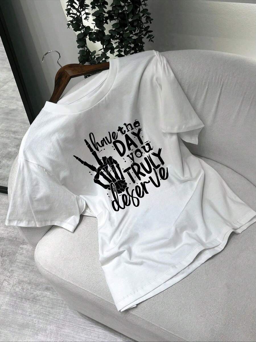 Women's Casual Crew Neck T-Shirt, Printed With The Words "Have The Day You Truly Deserve" On The Back - Soft Fabric, Suitable For Summer, Vacation And Daily Wear, Machine Washable, Paired With A Cover-Up Blouse (Not See-Through), Suitable For Both Work And Casual Outfits. - 白色 - 查看 1