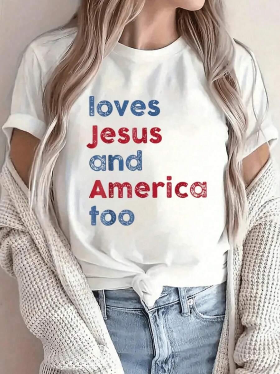 Camiseta Casual de Algodón para Mujer con Cuello Redondo y Manga Corta con Estampado 'Loves Jesus And America Too'