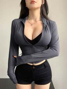 Camiseta de manga larga de cuello alto y ajuste ceñido para mujer, ropa de otoño - Gris Oscuro - Ver 5