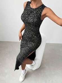 Vestido ceñido con abertura y estampado de leopardo gris sexy para mujer, moda de verano - Multicolor 2 - Ver 6