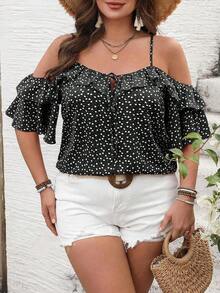 Camiseta romántica con volantes y escote descubierto de corazoncitos para vacaciones, talla grande.Ideal para fiesta casual, picnic o San Valentín. - Negro - Ver 6