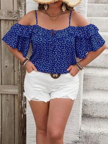 Camiseta romántica con volantes y escote descubierto de corazoncitos para vacaciones, talla grande.Ideal para fiesta casual, picnic o San Valentín. - azul real - Ver 7