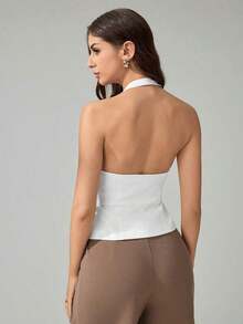 Tall Blazer casual de unicolor con cuello en V para mujer, top de traje tejido - Conjunto de otoño vintage seductor de oficina para maestras - Blanco - Ver 2