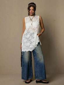 Freevana Blusa sin mangas con estampado floral vintage bohemio y encaje, talla grande, nueva llegada de primavera, adecuada para el Día de San Valentín, festivales de música - Blanco - Ver 4