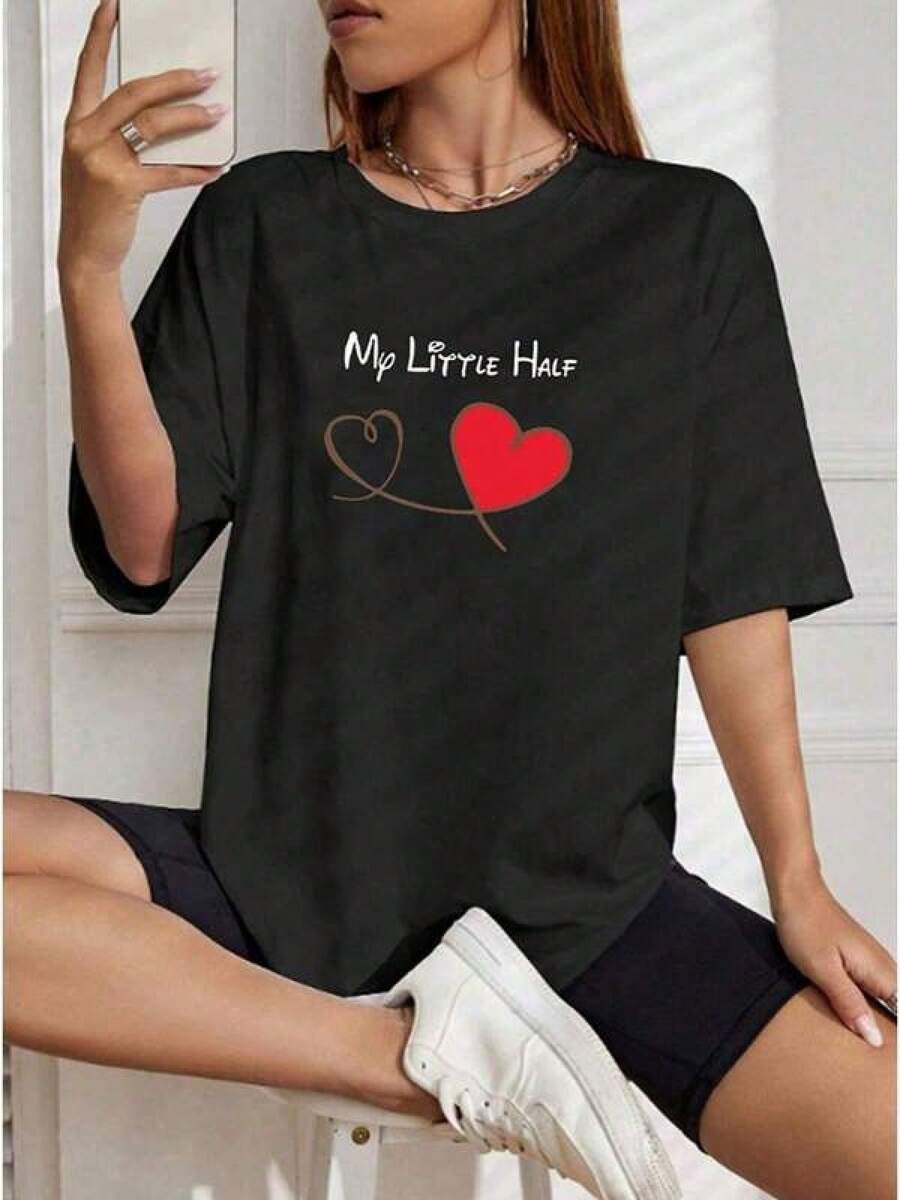 1pc Camisetas Para Mujer Camiseta única Y2K Mi Mitad Favorita con diseño de corazón rojo y estilo moderno ideal para expresar tu amor destaca en cualquier ocasión perfecta para regalar o usar en tu día a día diseño exclusivo que resalta entre la moda actual disponible en talla única para mujer Camiseta De Manga Corta De Algodón - Negro - Ver 1