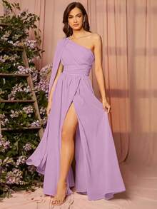 1 pieza Vestido de dama de honor con un solo hombro drapeado, elegante vestido de manga larga - Púrpura malva - Ver 3
