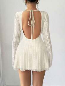 mini ajustado de encaje de estilo elegante, romántico y sexy para mujer, adecuado para fiestas, vacaciones, vuelta al colegio, citas románticas, bodas y cumpleaños - Manga larga - Albaricoque - Ver 7