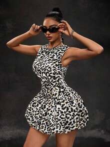 Vestido de mezclilla sin mangas con cuello redondo y plisado en la espalda para mujer - Blanco y Negro - Ver 5