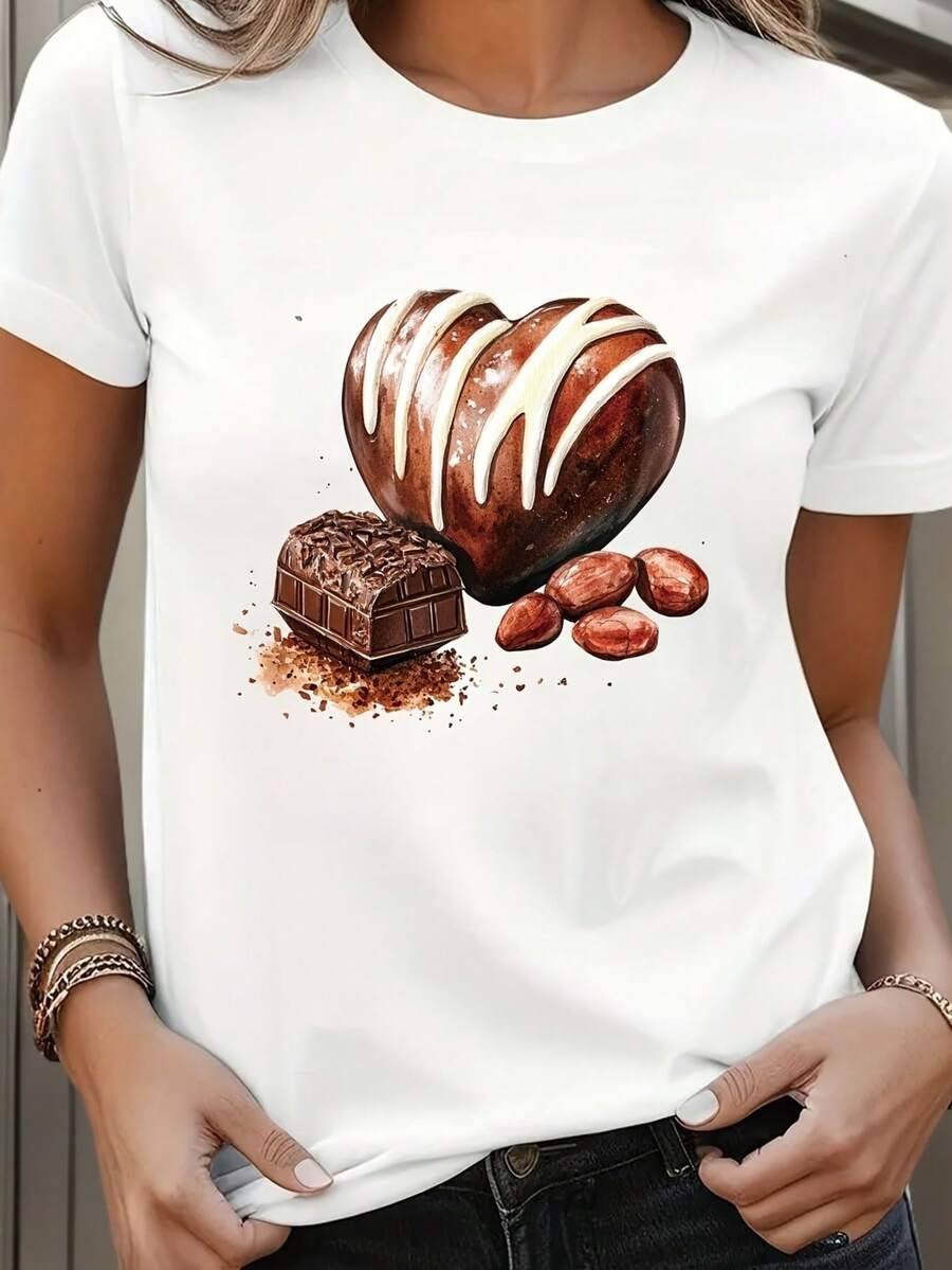 1 pieza de camiseta casual para mujer con estampado de chocolate para el Día de San Valentín, de manga corta y cuello redondo, de punto de poliéster, corte regular con ligera elasticidad, adecuada para todas las estaciones - Poliéster, fibra elástica, 180g/m², 100% algodón. - Blanco - Ver 1