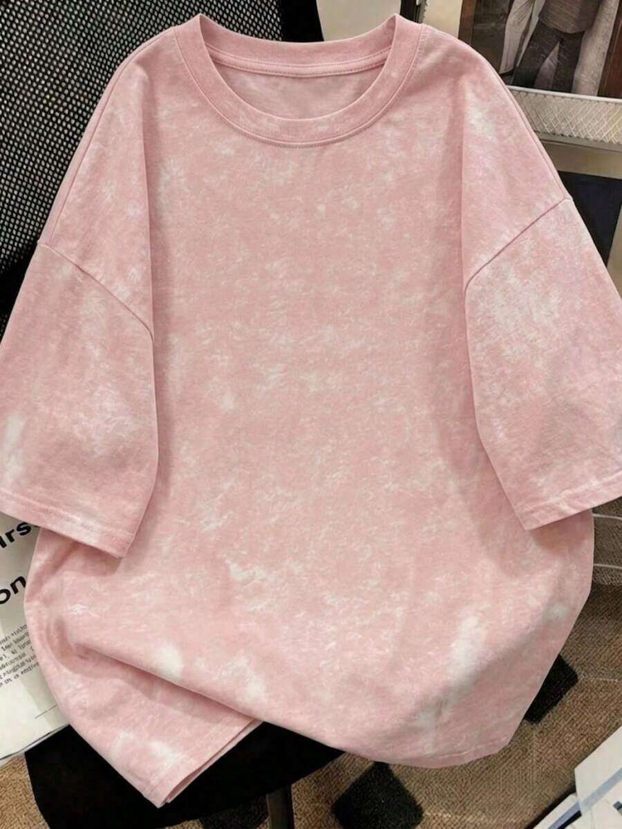 1 pieza Camiseta de mujer de manga corta con cuello redondo y estampado tie-dye de moda para verano, hecha de tela de algodón lavado, adecuada para la calle, la oficina, el campus, el uso diario, las citas, las fiestas y otras ocasiones.Corte holgado, estilo streetwear, perfecta para el atuendo de vacaciones de la mujer.Informal - Rosa - Ver 1