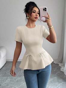 Blusa casual de primavera y verano, elegante, de estilo francés, de unicolor, con cuello redondo, corte evasé, manga corta, con cintura ceñida, detalle de lazo y cremallera posterior - Albaricoque - Ver 1