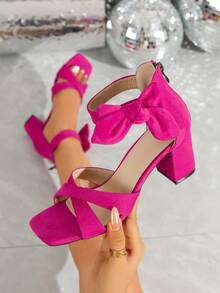 Square Toe Thick High Heel Rhinestone Decor Elegant Glamorous Sandals, Suitable For Banquet Party, Fashion Versatile - Hot Pink - View 5