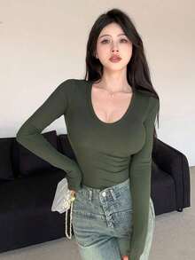 Camiseta de manga larga y cuello redondo de ajuste ceñido para mujer, versátil y casual, ropa de otoño - Verde - Ver 4