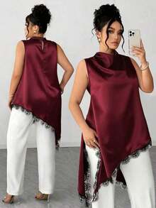 Blusa sin mangas con dobladillo de encaje para mujer de talla grande, elegante blusa larga de estilo vintage, versátil para el trabajo, graduación, vacaciones, San Valentín, festivales de música, Día de la Madre, Halloween, Acción de Gracias, Pascua, Día Nacional, bailes, citas, bodas, salidas, etc. - Burdeos - Ver 3