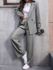 Conjunto de traje informal de mujer con solapa, manga larga y holgado - Gris - Ver 5