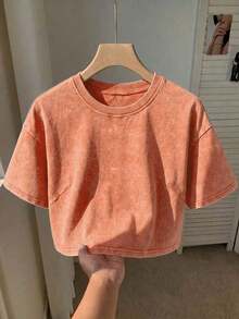 Camiseta básica de manga corta de 100% algodón lavado, verde oliva - Naranja - Ver 12